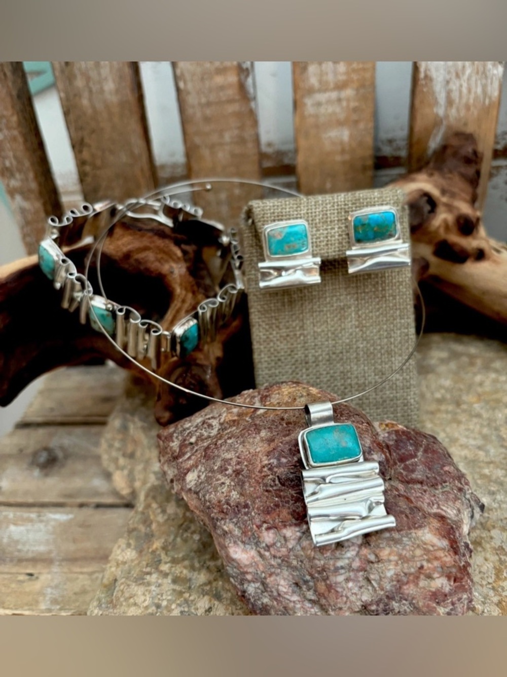 VTG Navajo Sterling Silver Natural Turquoise Rain Bar Set Signed Yazzie NEW